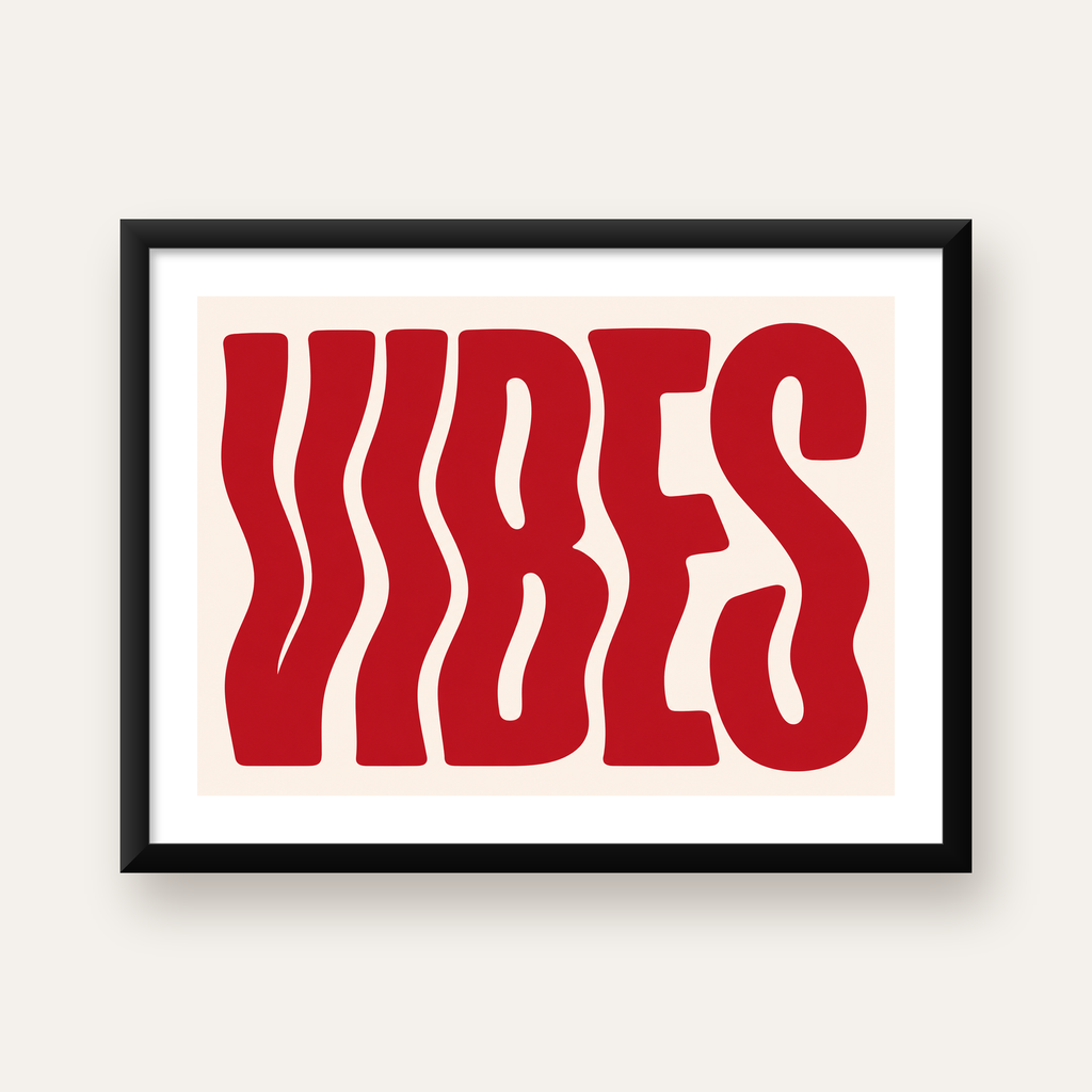 Dalgalı Tipografi Vibes Kırmızı Minimal Poster Baskısı — Yatay baskı, beyaz paspartulu