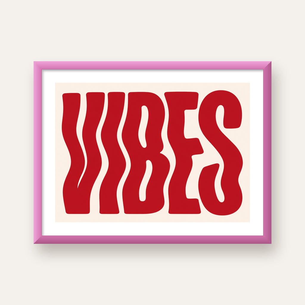 Dalgalı Tipografi Vibes Kırmızı Minimal Poster Baskısı — pembe çerçeveli paspartulu