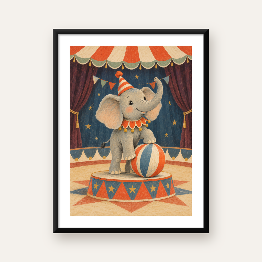 Sirk Temalı Sevimli Fil - Pastel Çocuk Odası Poster — Dikey baskı, beyaz kenar boşluklu