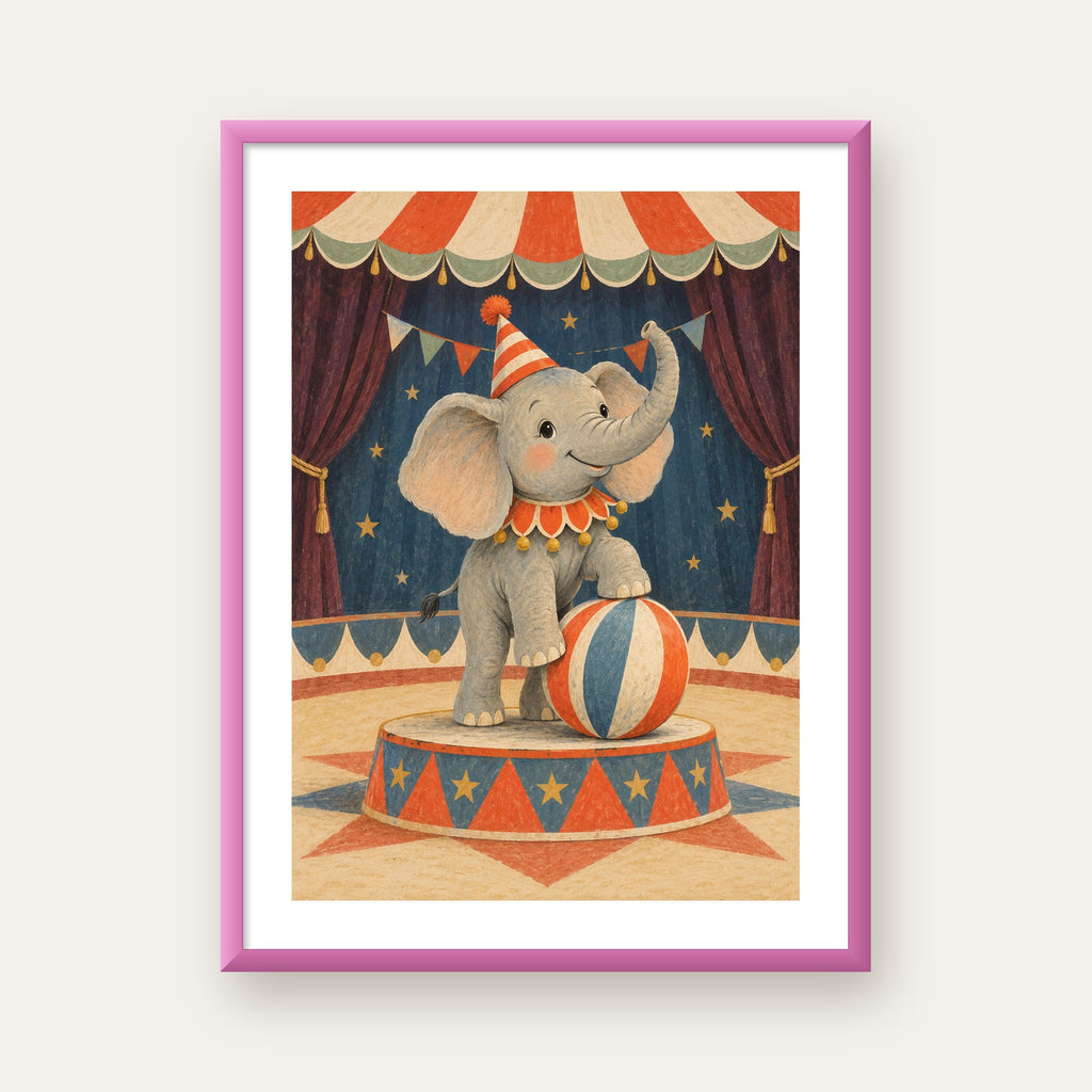 Vintage Sirk Fili Çocuk Odası Posteri — pembe çerçeveli paspartulu