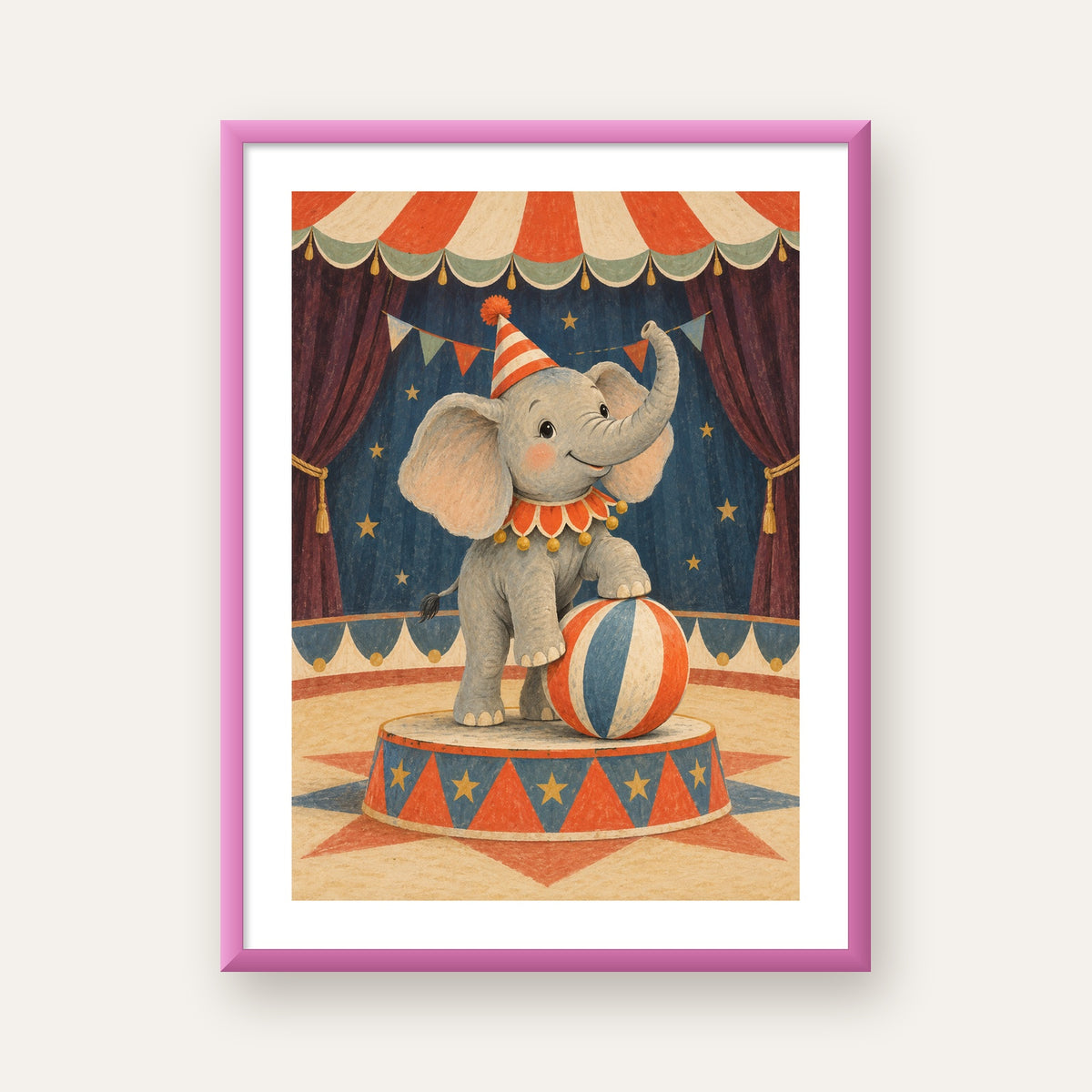 Vintage Sirk Fili Çocuk Odası Posteri — pembe çerçeveli paspartulu