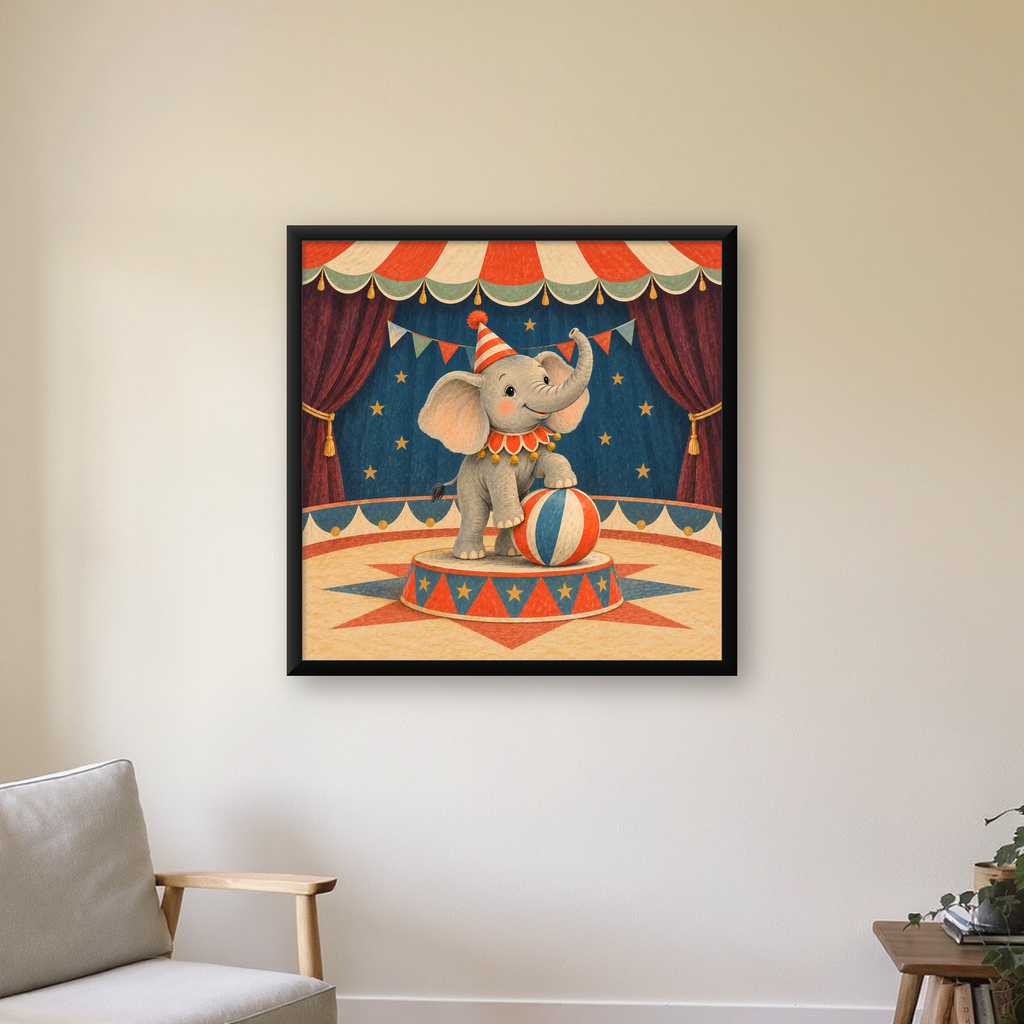 Sirk Temalı Sevimli Fil - Pastel Çocuk Odası Poster — Kare baskı, çerçeveli hâliyle bir ev duvarında