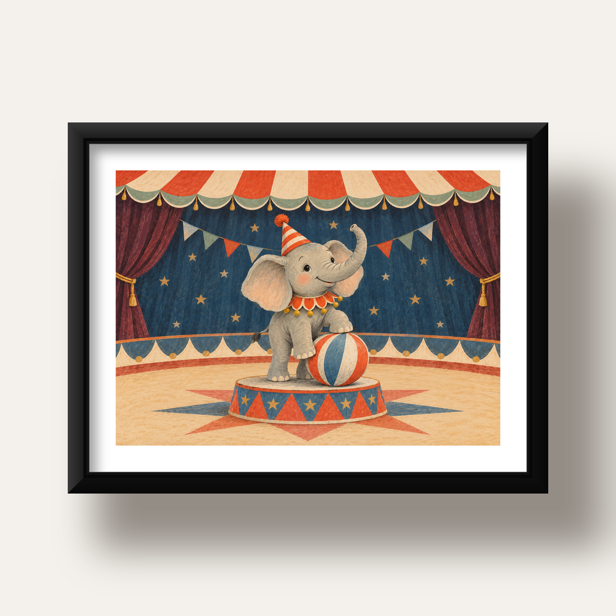 Vintage Sirk Fili Çocuk Odası Posteri — siyah derin çerçeveli paspartulu