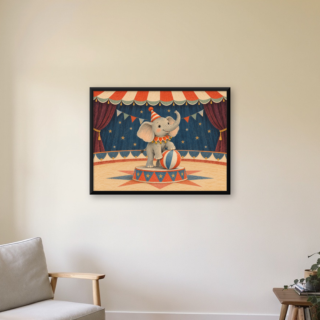 Sirk Temalı Sevimli Fil - Pastel Çocuk Odası Poster — Yatay baskı, çerçeveli hâliyle bir ev duvarında