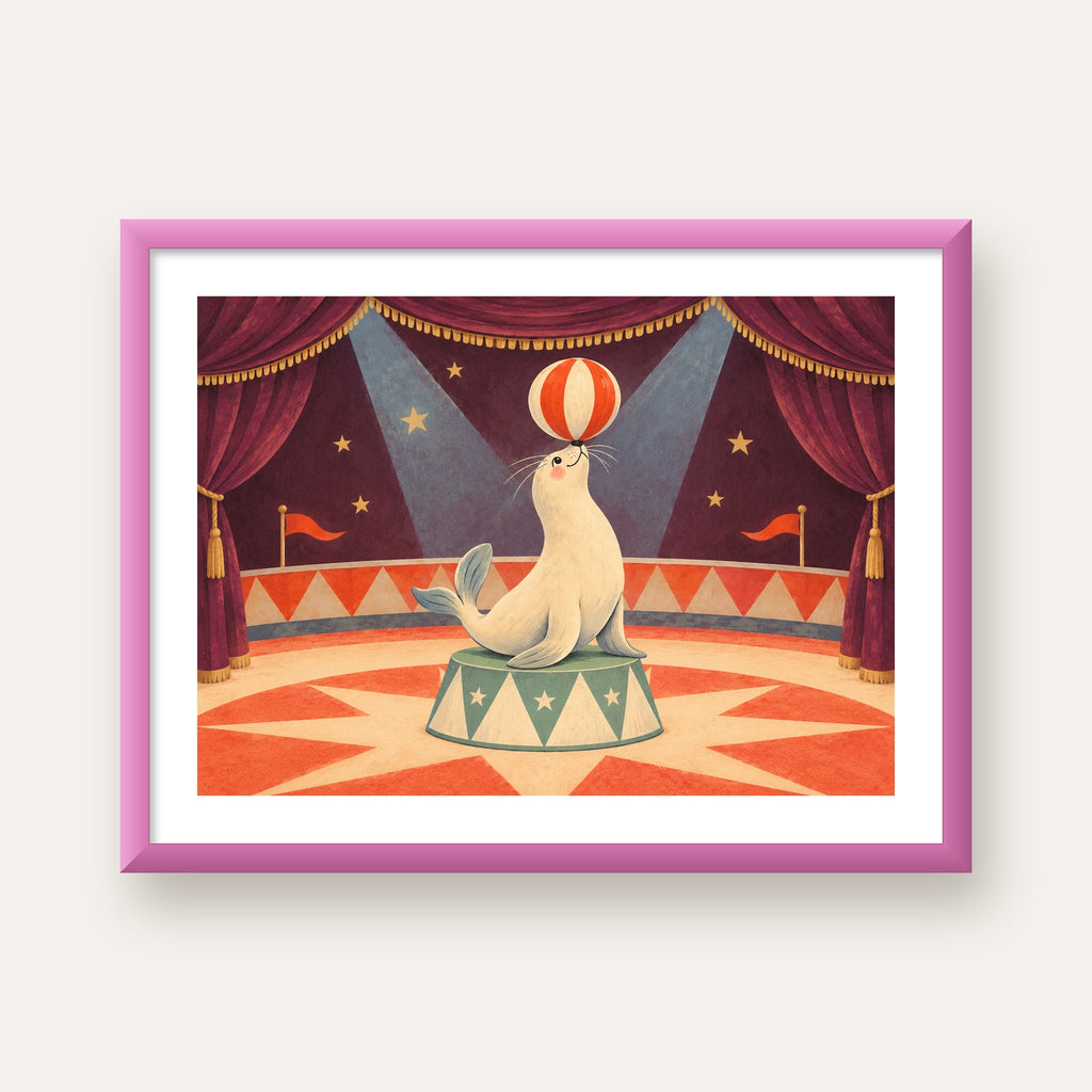 Vintage Sirk Foku Çocuk Odası Posteri — pembe çerçeveli paspartulu
