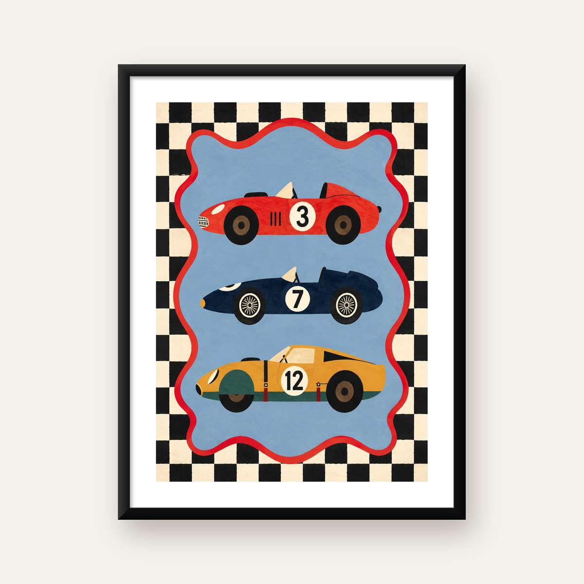 Retro Yarış Arabaları Çizimi Renkli Çocuk Odası Posteri — Dikey baskı, beyaz kenar boşluklu