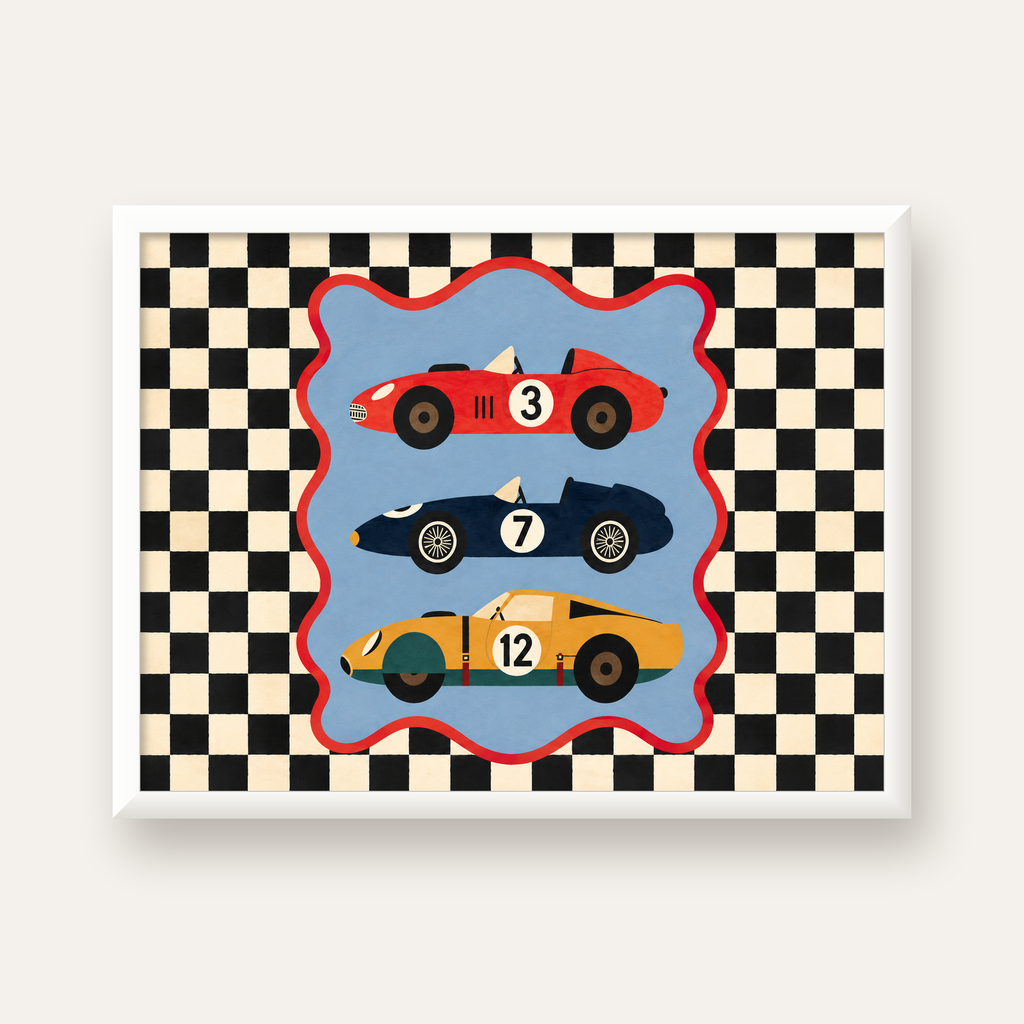 Vintage Yarış Arabaları — beyaz çerçeveli yatay poster