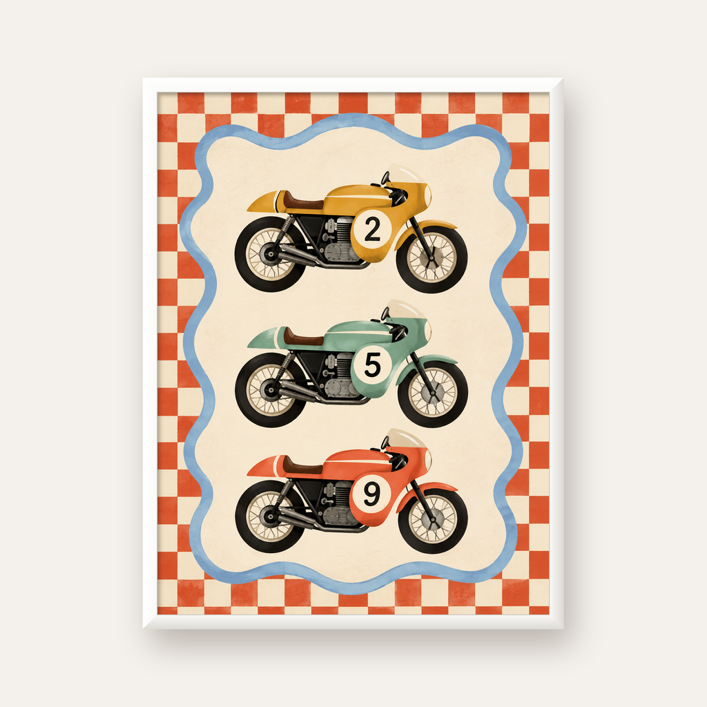 Vintage Yarış Motosikletleri — beyaz çerçeveli dikey poster
