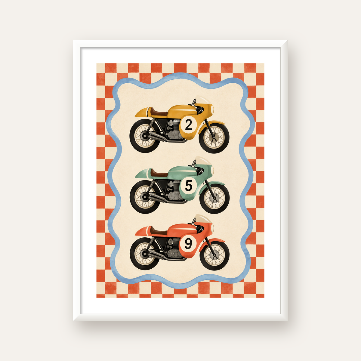 Vintage Yarış Motosikletleri — beyaz çerçeveli dikey poster