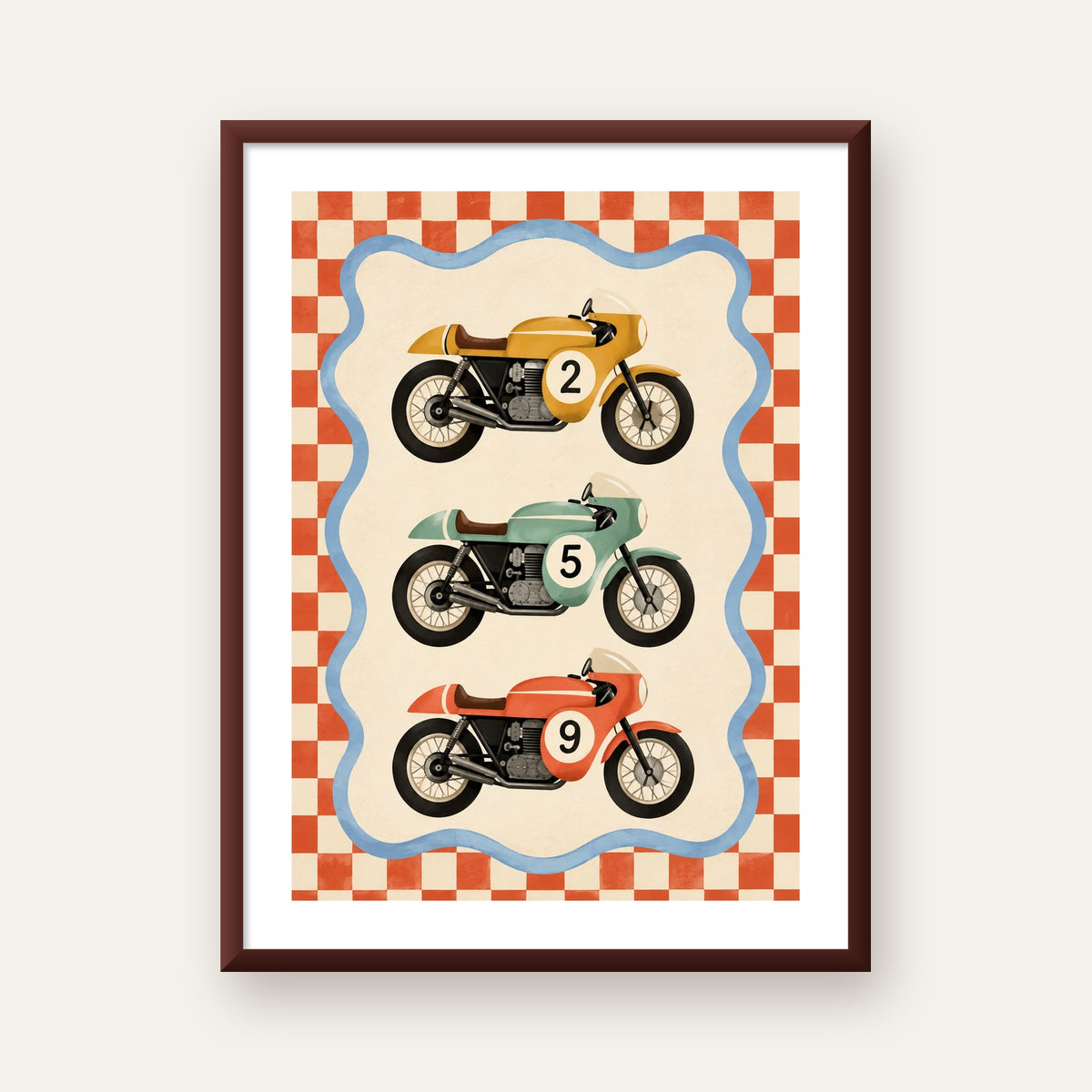 Vintage Yarış Motosikletleri — ceviz çerçeveli paspartulu