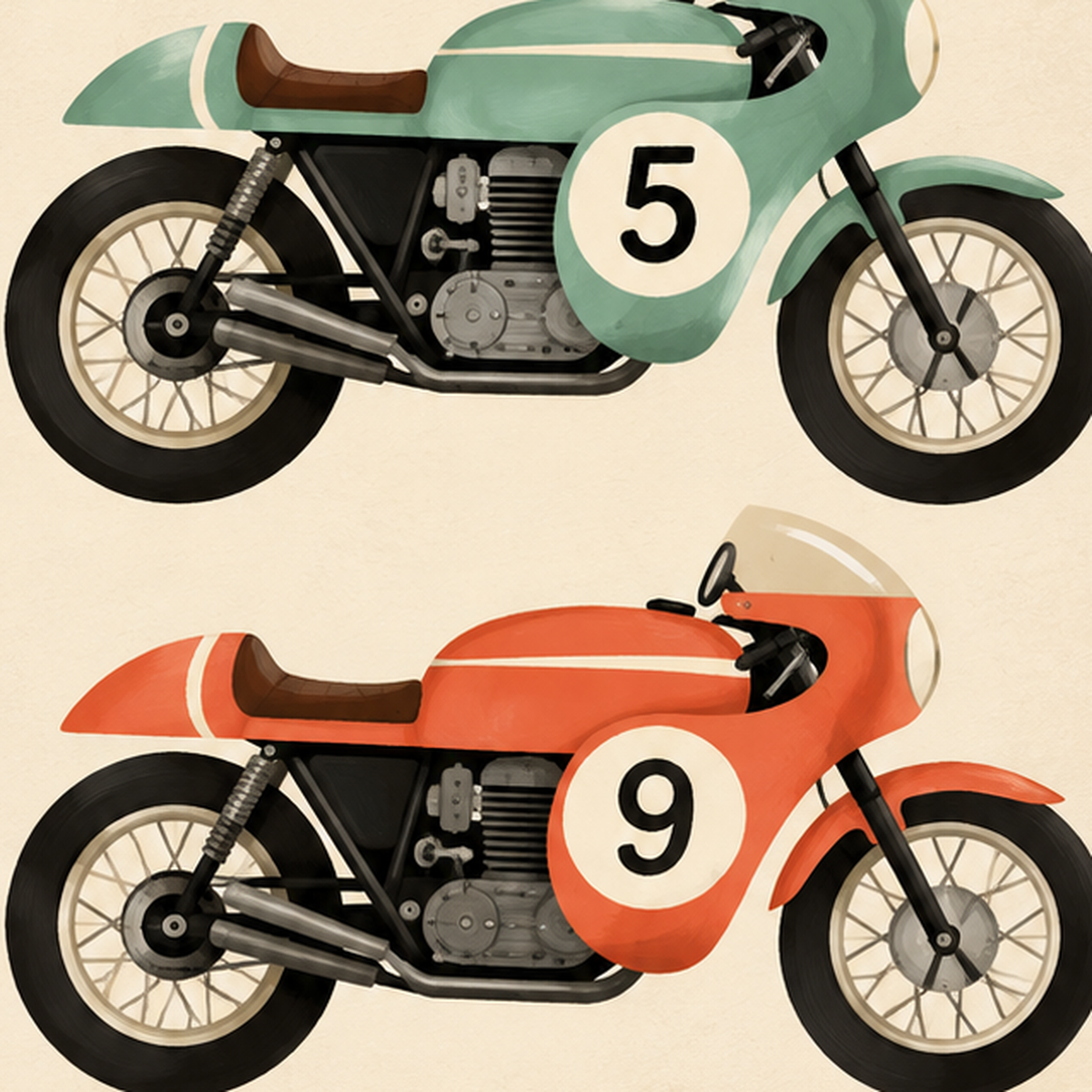 Retro Yarış Motosikletleri Dijital Poster – Nostaljik İllüstrasyon — baskının yakın çekimi, kâğıt dokusu ve renk detayı