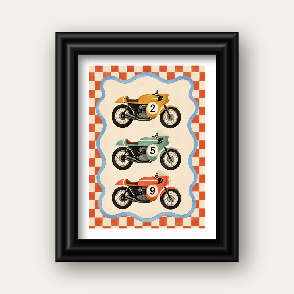Vintage Yarış Motosikletleri — siyah galeri çerçeveli paspartulu
