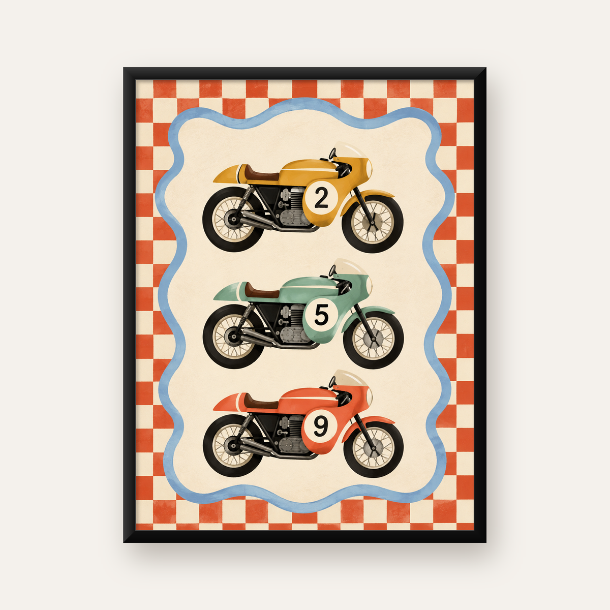 Retro Yarış Motosikletleri Dijital Poster – Nostaljik İllüstrasyon — Dikey baskı, düz siyah çerçeveli duvar posteri