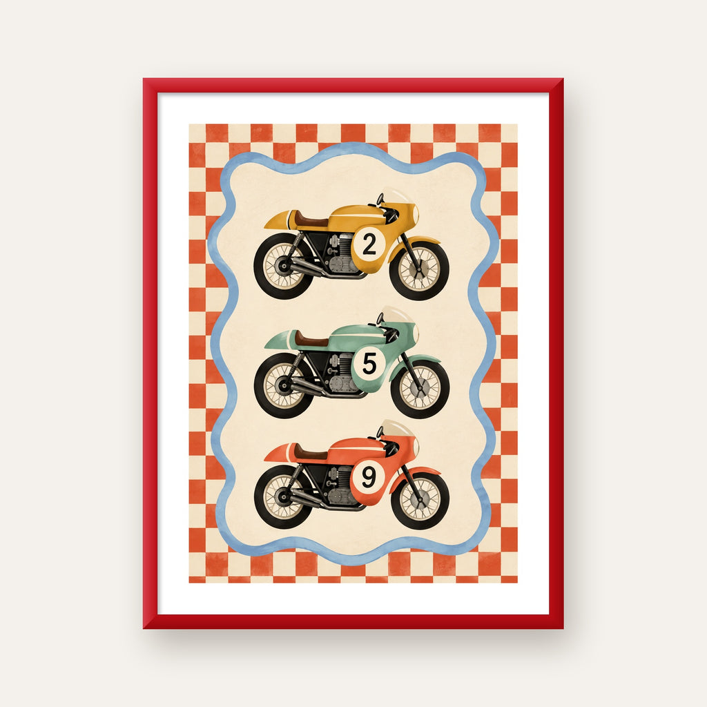 Vintage Yarış Motosikletleri — kırmızı çerçeveli paspartulu