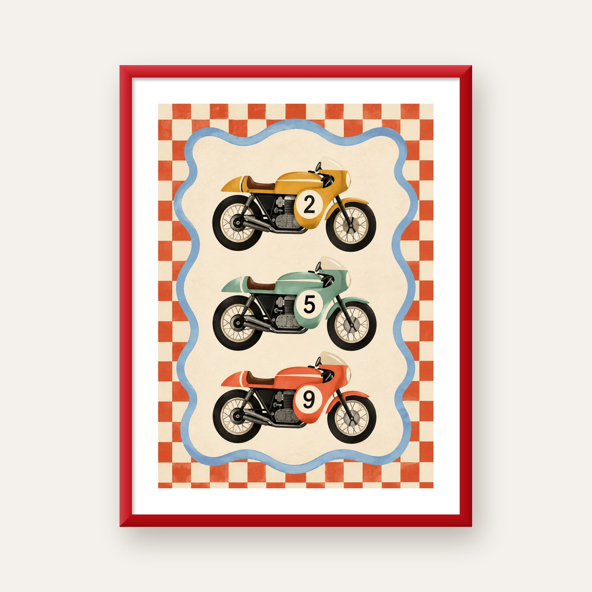 Vintage Yarış Motosikletleri — kırmızı çerçeveli paspartulu
