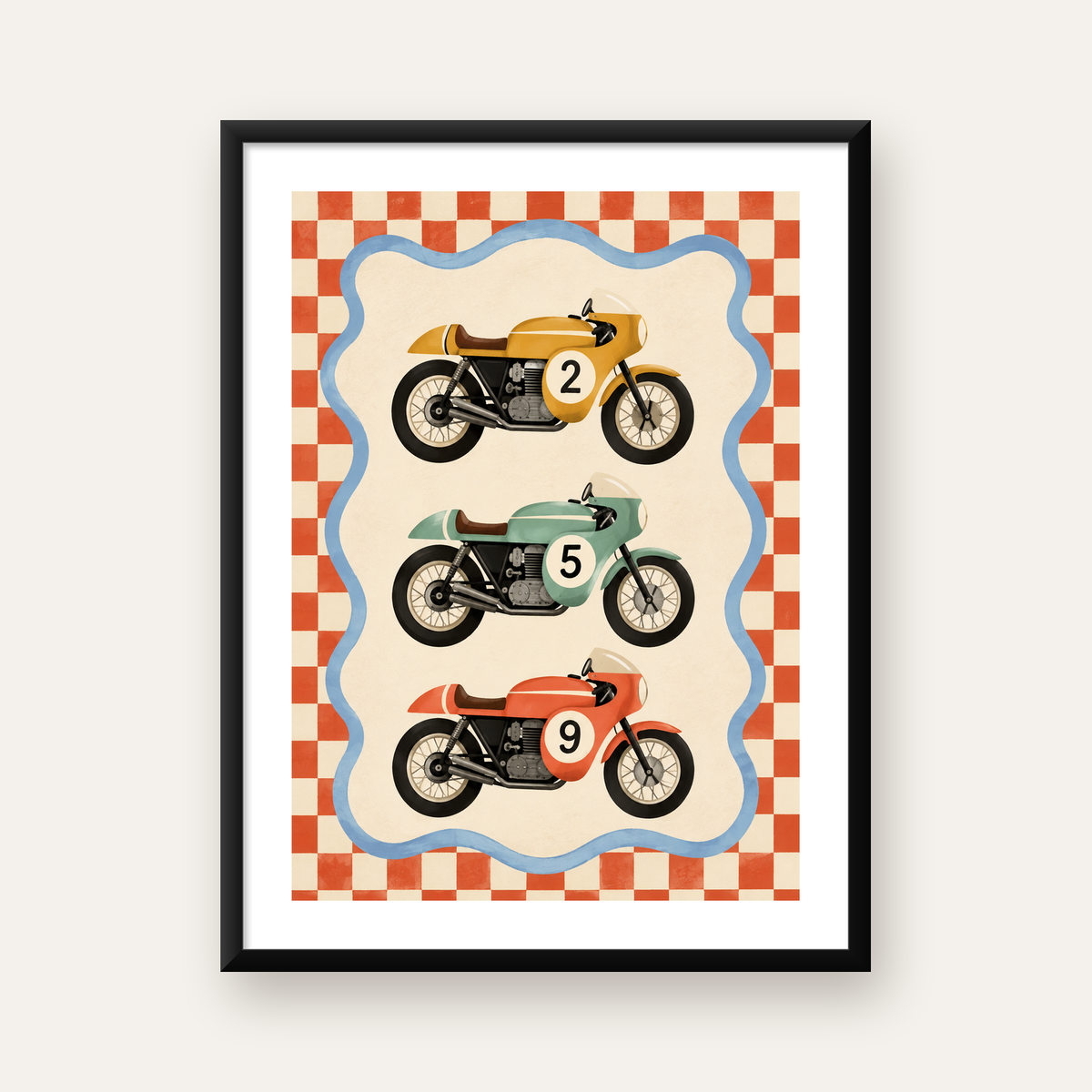 Retro Yarış Motosikletleri Dijital Poster – Nostaljik İllüstrasyon — Dikey baskı, beyaz kenar boşluklu
