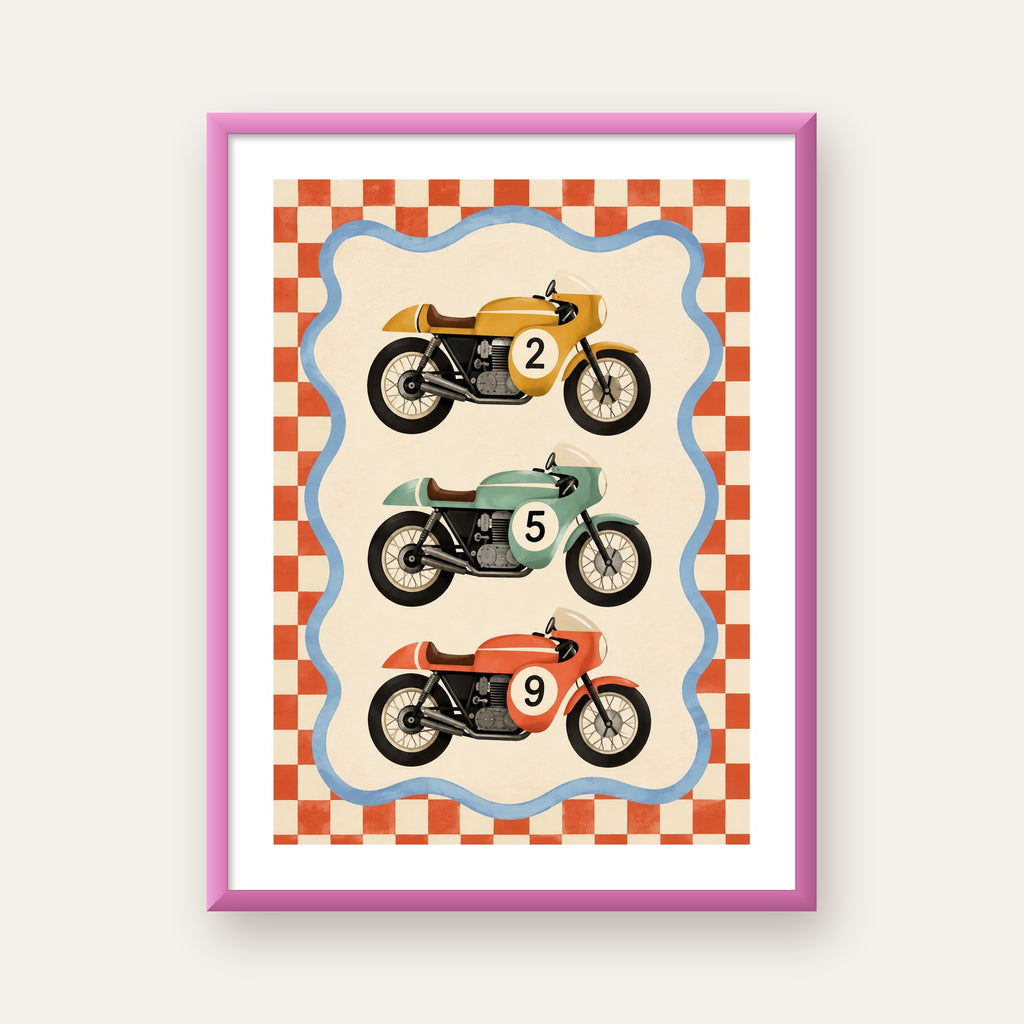 Vintage Yarış Motosikletleri — pembe çerçeveli paspartulu