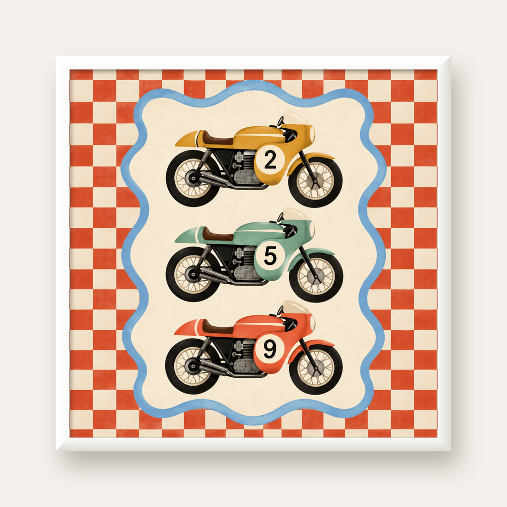 Vintage Yarış Motosikletleri — beyaz çerçeveli kare poster