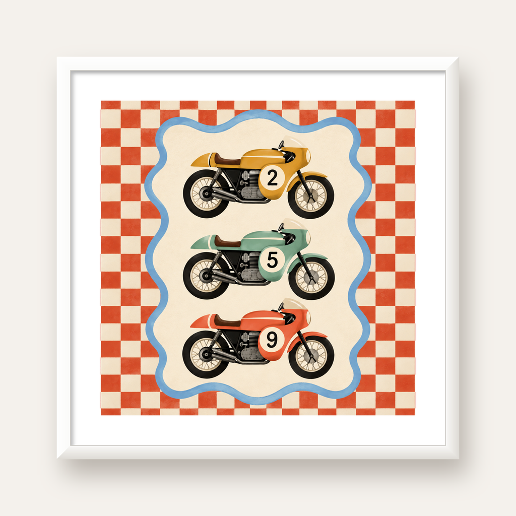 Vintage Yarış Motosikletleri — beyaz çerçeveli kare poster