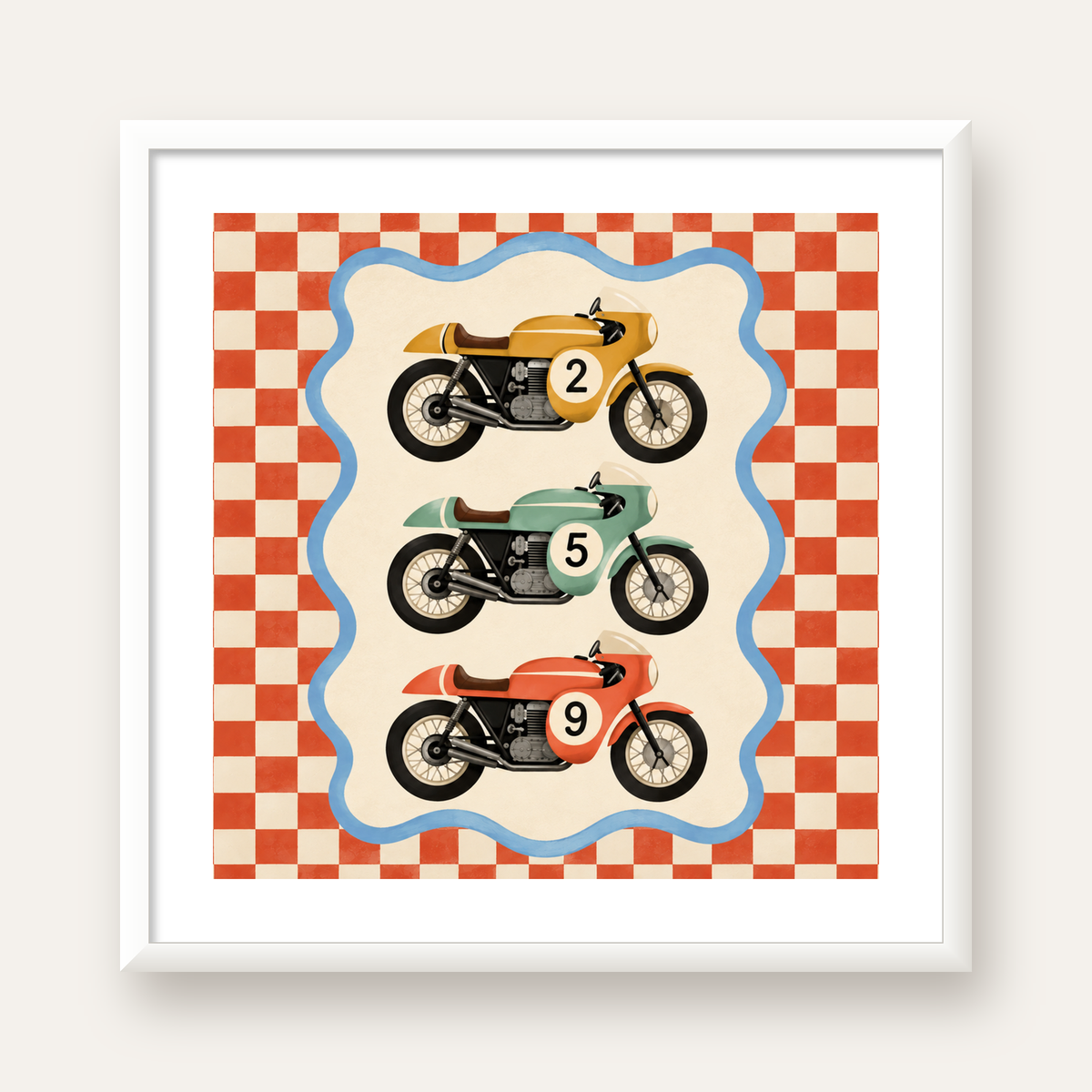 Vintage Yarış Motosikletleri — beyaz çerçeveli kare poster