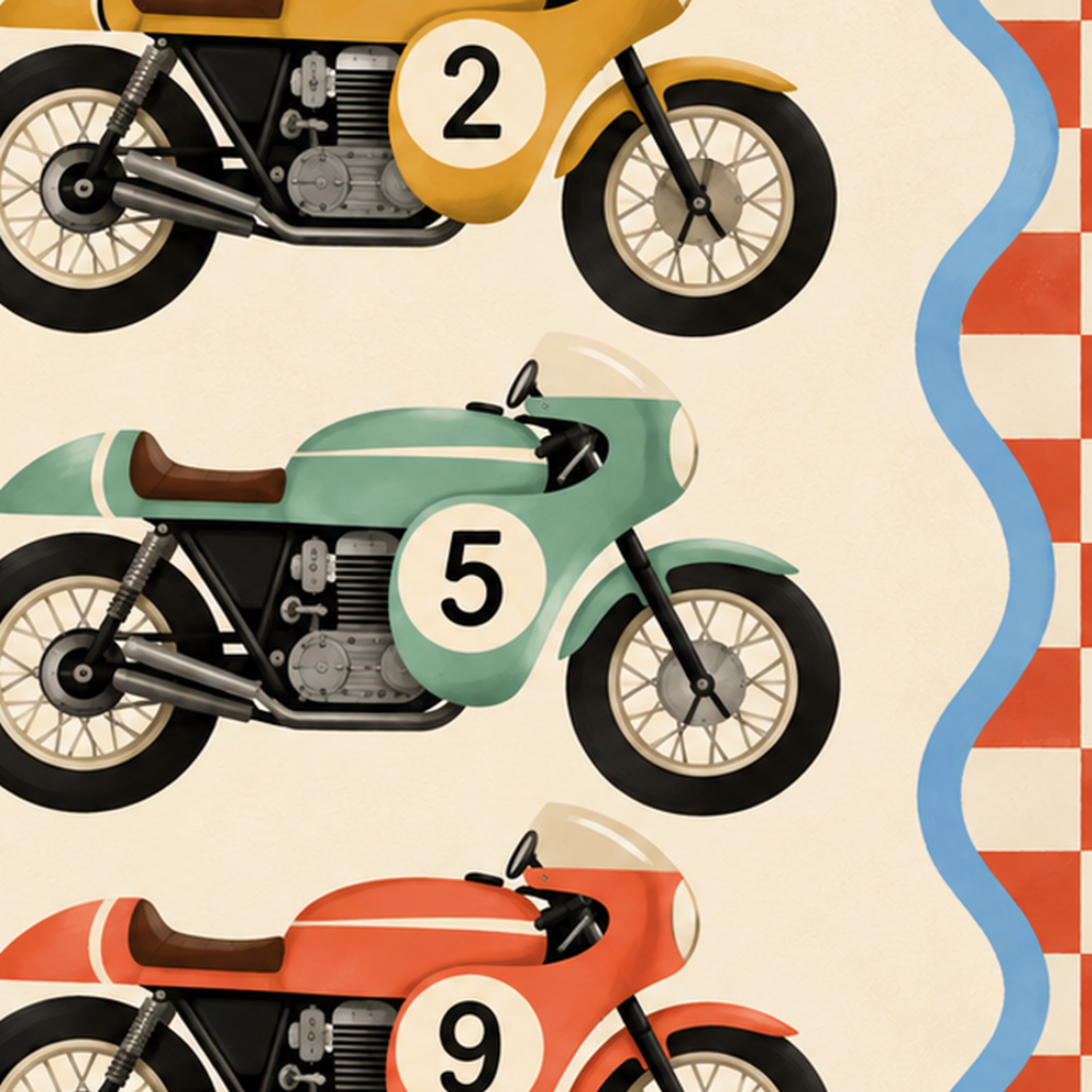 Retro Yarış Motosikletleri Dijital Poster – Nostaljik İllüstrasyon — baskının yakın çekimi, kâğıt dokusu ve renk detayı