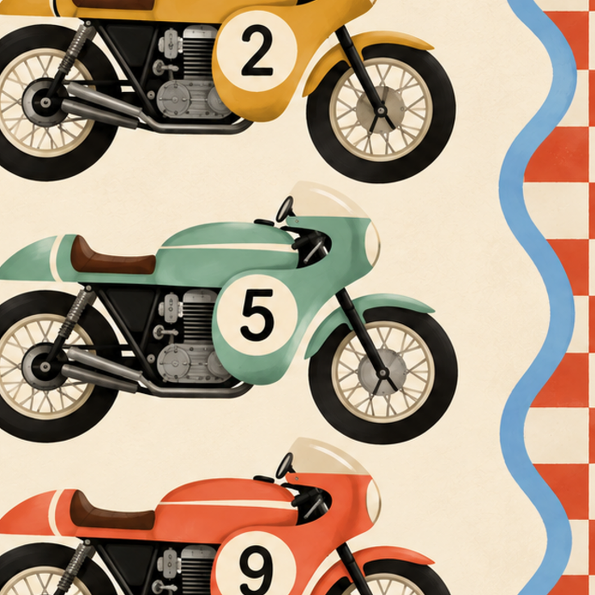 Retro Yarış Motosikletleri Dijital Poster – Nostaljik İllüstrasyon — baskının yakın çekimi, kâğıt dokusu ve renk detayı