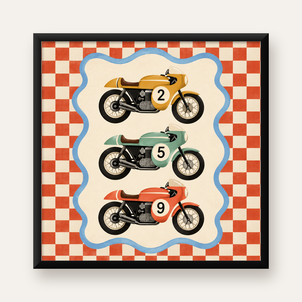 Retro Yarış Motosikletleri Dijital Poster – Nostaljik İllüstrasyon — Kare baskı, düz siyah çerçeveli duvar posteri