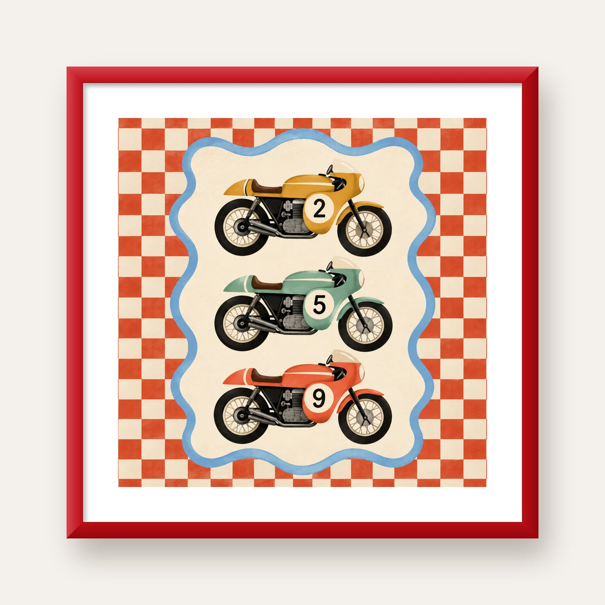 Vintage Yarış Motosikletleri — kırmızı çerçeveli paspartulu