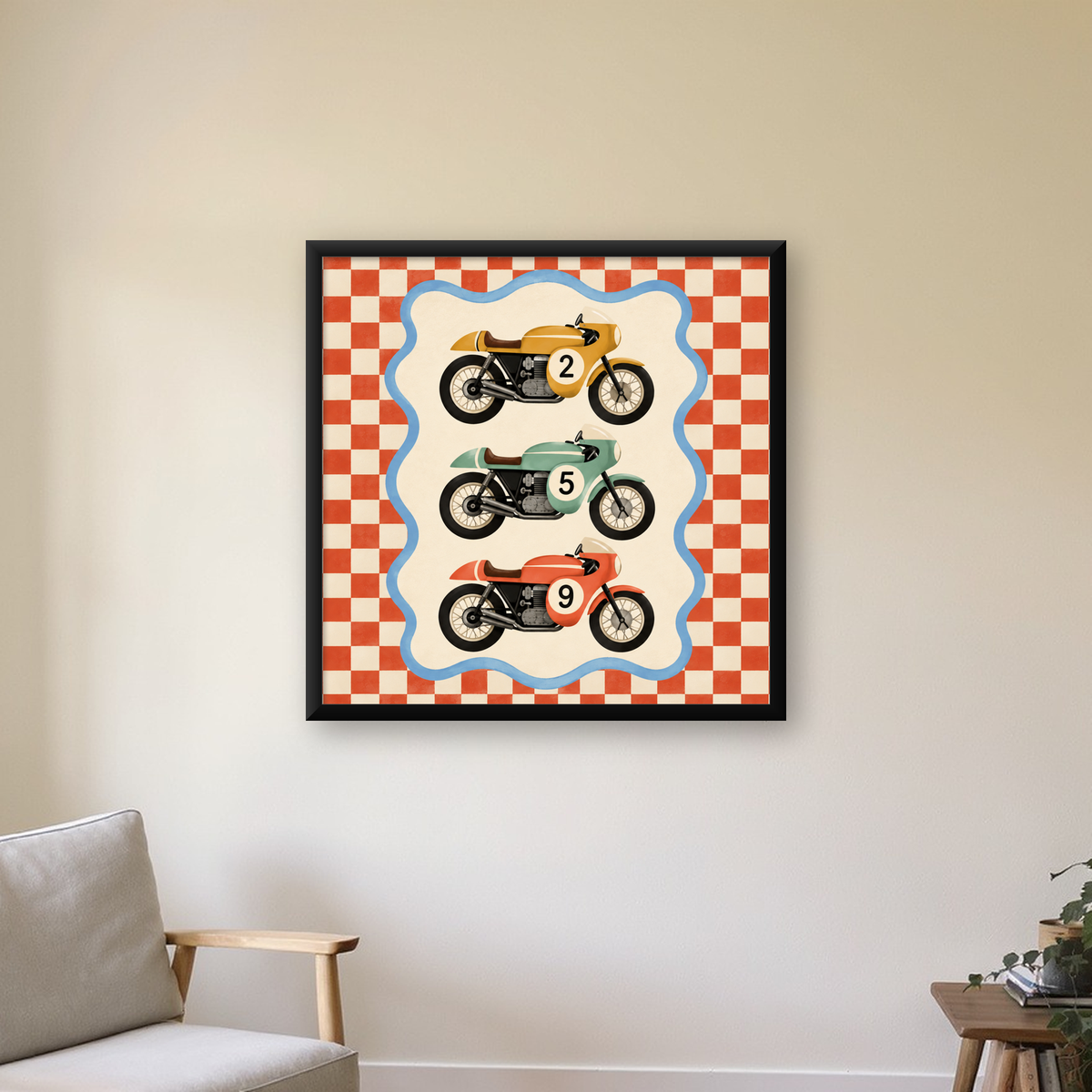 Retro Yarış Motosikletleri Dijital Poster – Nostaljik İllüstrasyon — Kare baskı, çerçeveli hâliyle bir ev duvarında