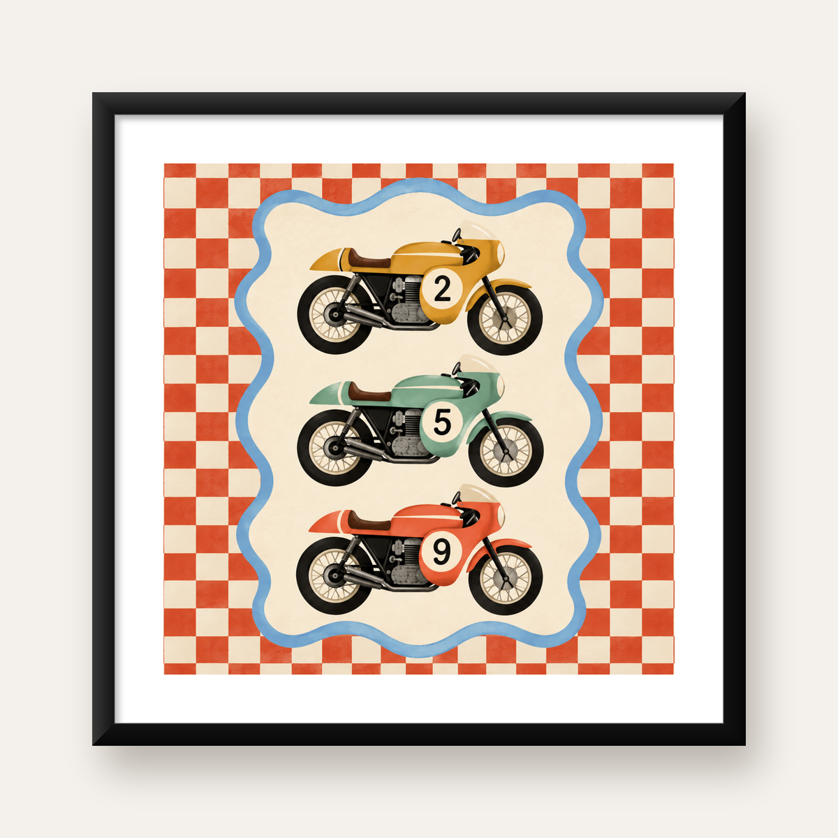 Retro Yarış Motosikletleri Dijital Poster – Nostaljik İllüstrasyon — Kare baskı, beyaz kenar boşluklu