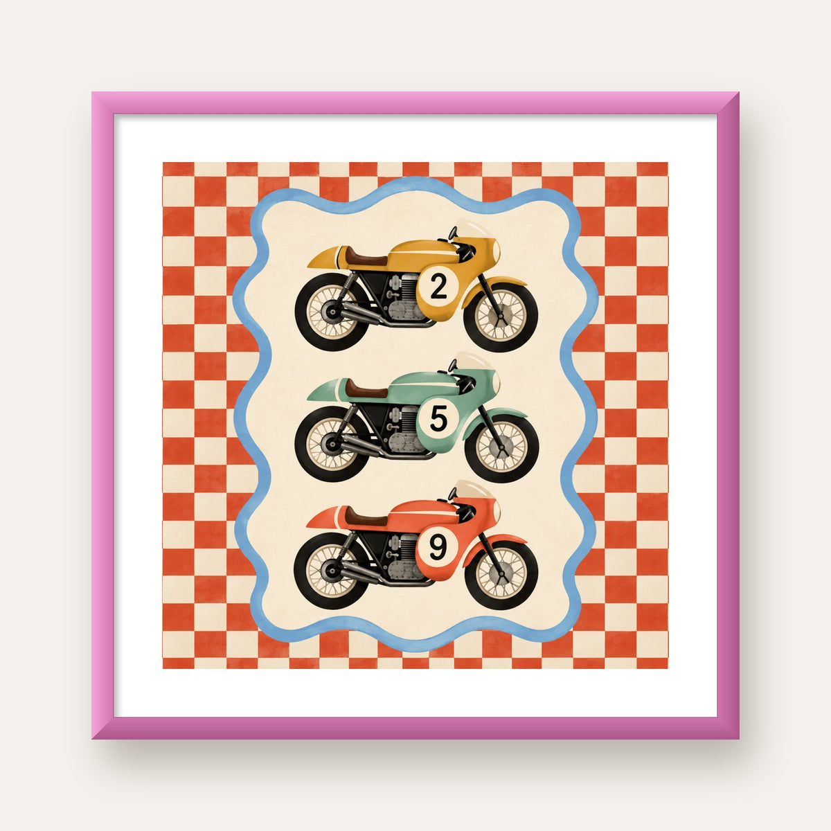 Vintage Yarış Motosikletleri — pembe çerçeveli paspartulu