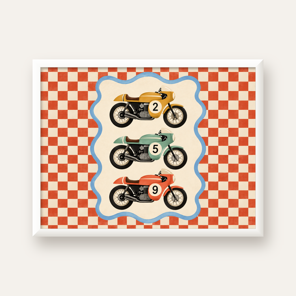 Vintage Yarış Motosikletleri — beyaz çerçeveli yatay poster