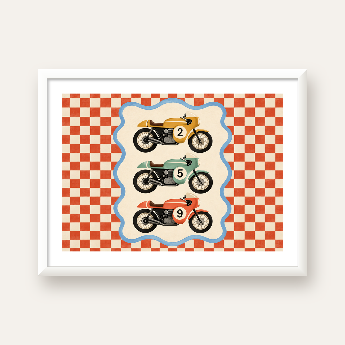 Vintage Yarış Motosikletleri — beyaz çerçeveli yatay poster