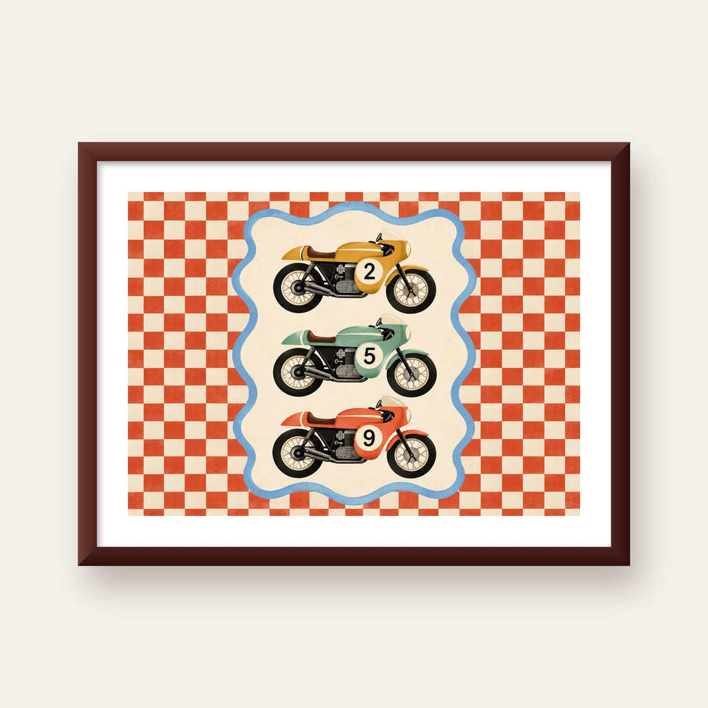 Vintage Yarış Motosikletleri — ceviz çerçeveli paspartulu