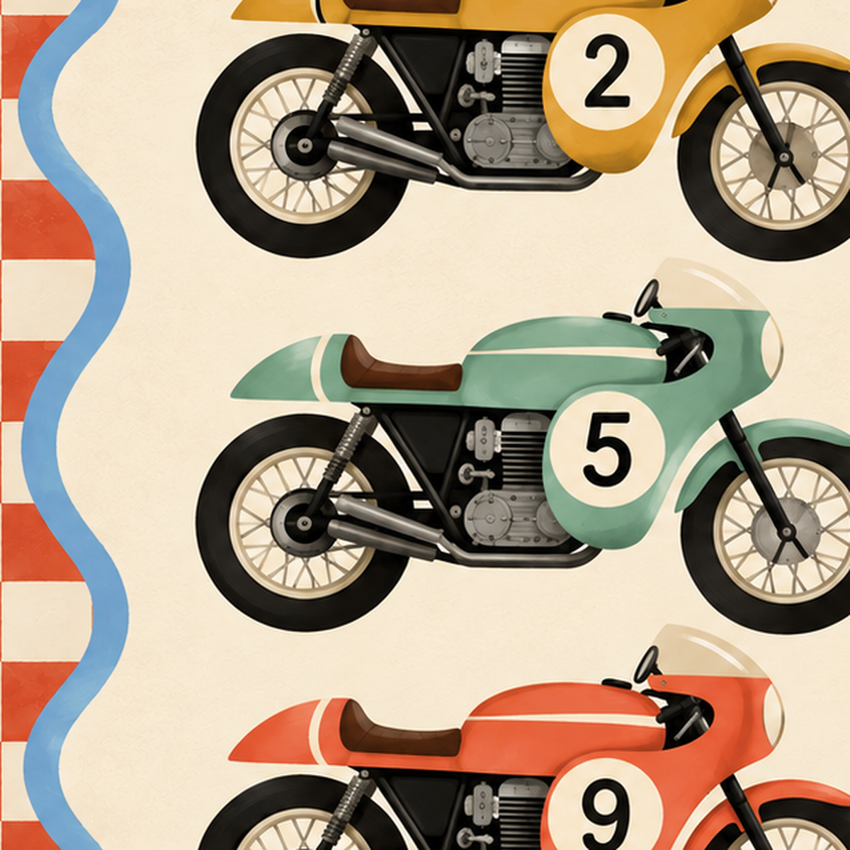 Retro Yarış Motosikletleri Dijital Poster – Nostaljik İllüstrasyon — baskının yakın çekimi, kâğıt dokusu ve renk detayı
