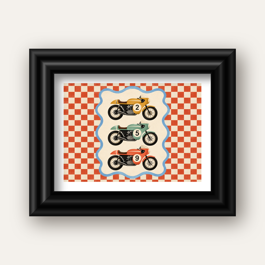 Vintage Yarış Motosikletleri — siyah galeri çerçeveli paspartulu