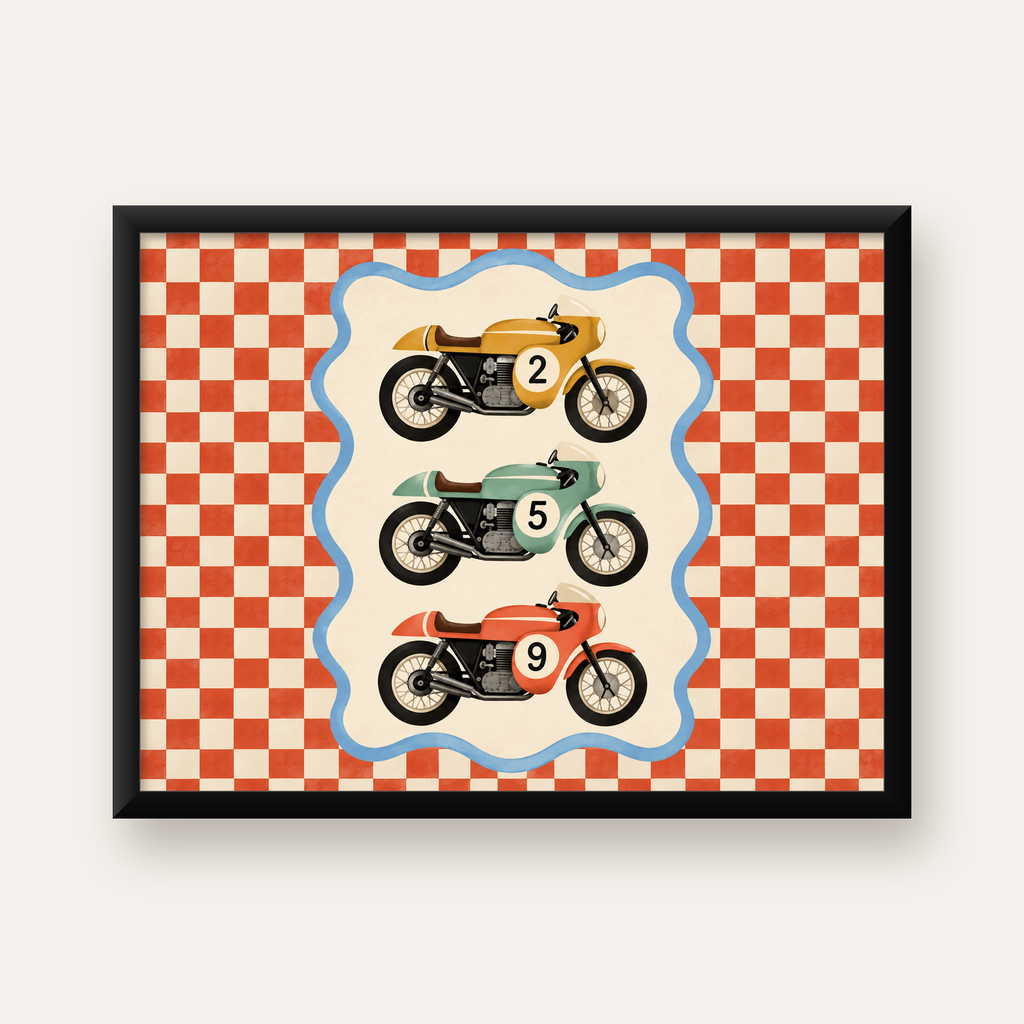 Retro Yarış Motosikletleri Dijital Poster – Nostaljik İllüstrasyon — Yatay baskı, düz siyah çerçeveli duvar posteri