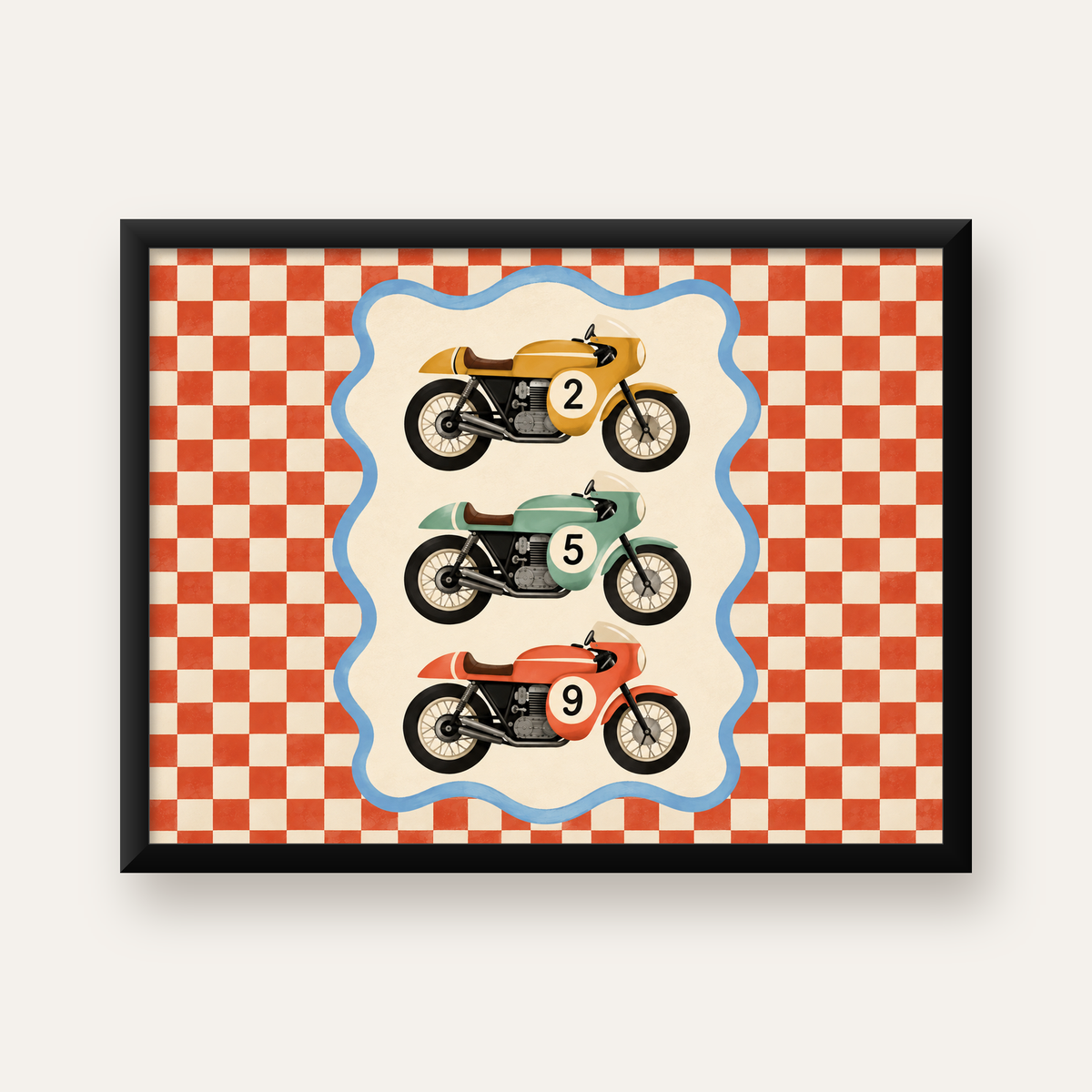 Retro Yarış Motosikletleri Dijital Poster – Nostaljik İllüstrasyon — Yatay baskı, düz siyah çerçeveli duvar posteri
