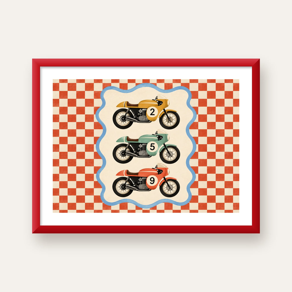 Vintage Yarış Motosikletleri — kırmızı çerçeveli paspartulu