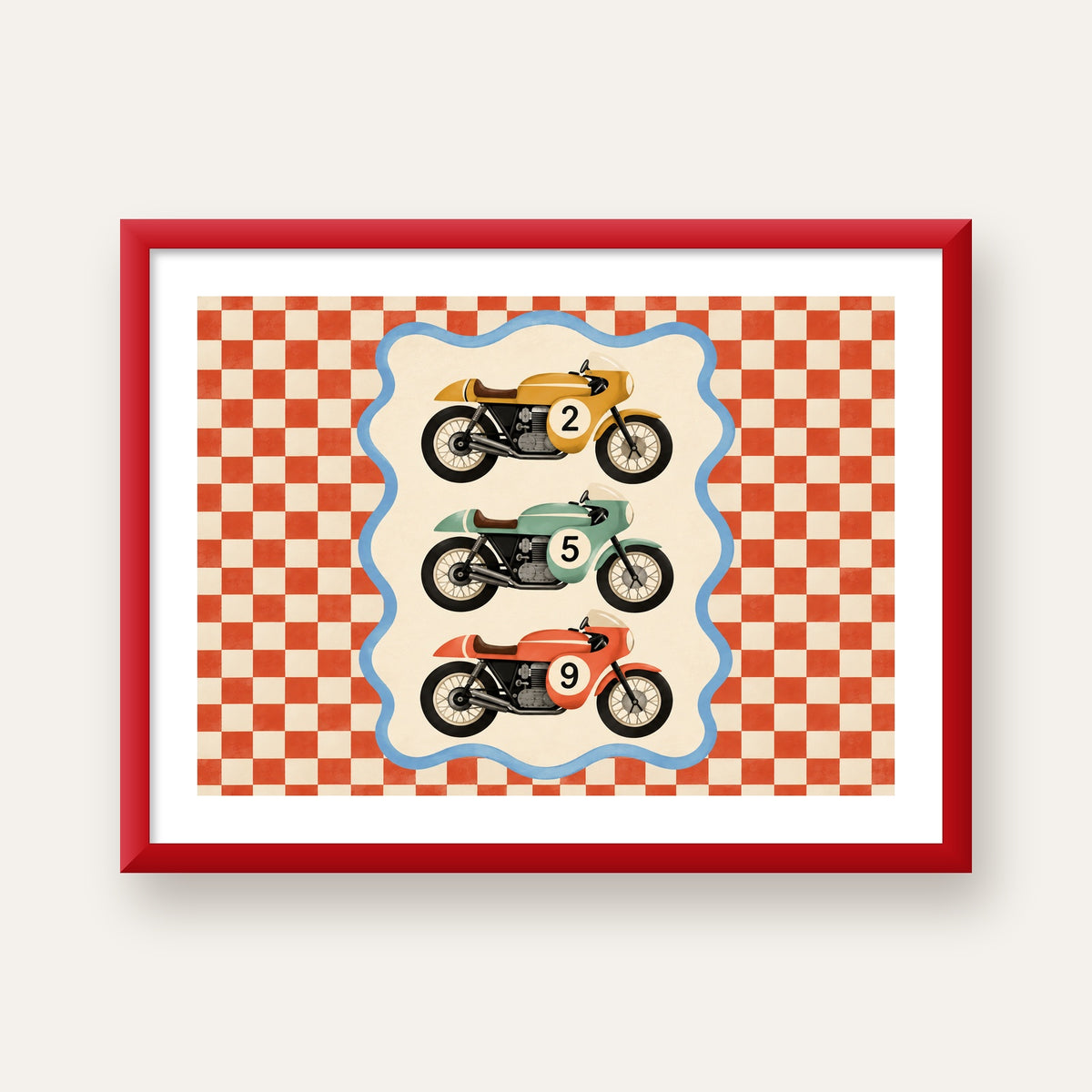 Vintage Yarış Motosikletleri — kırmızı çerçeveli paspartulu