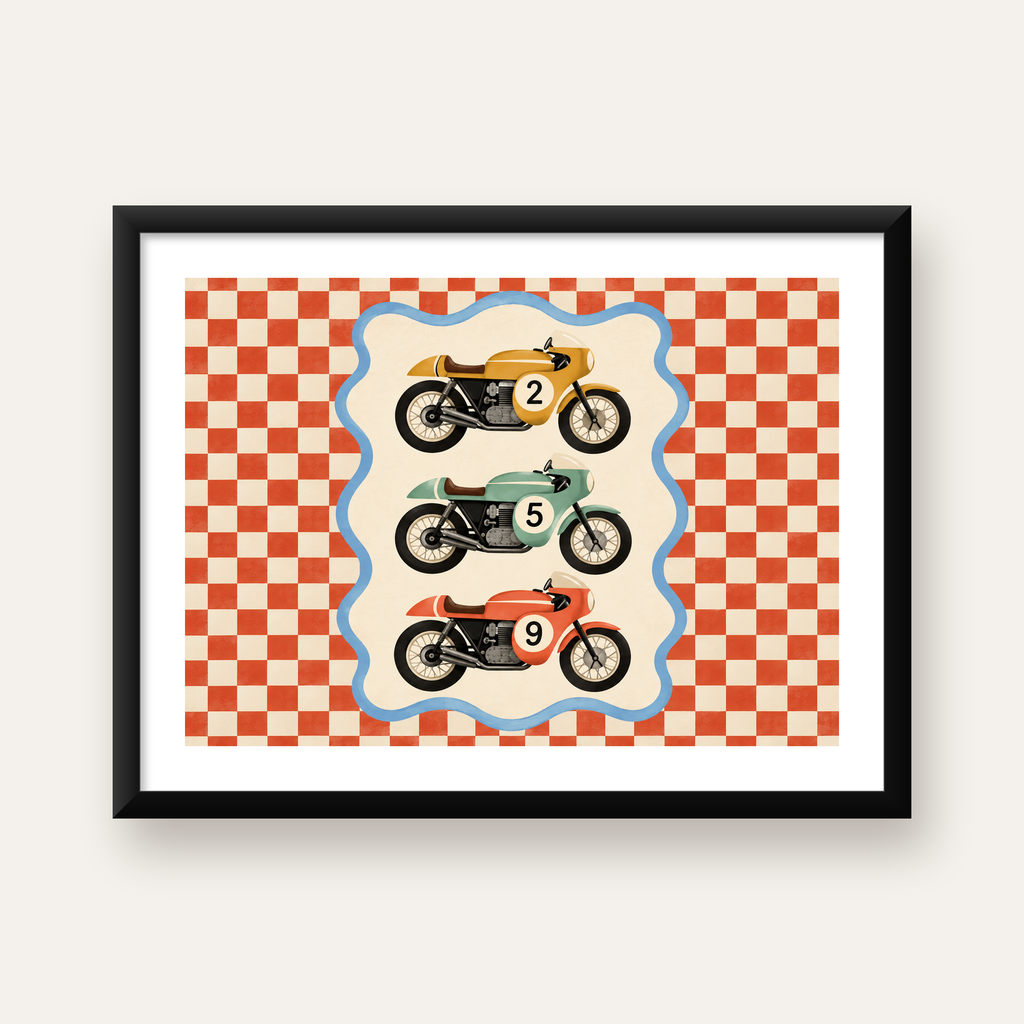 Retro Yarış Motosikletleri Dijital Poster – Nostaljik İllüstrasyon — Yatay baskı, beyaz kenar boşluklu