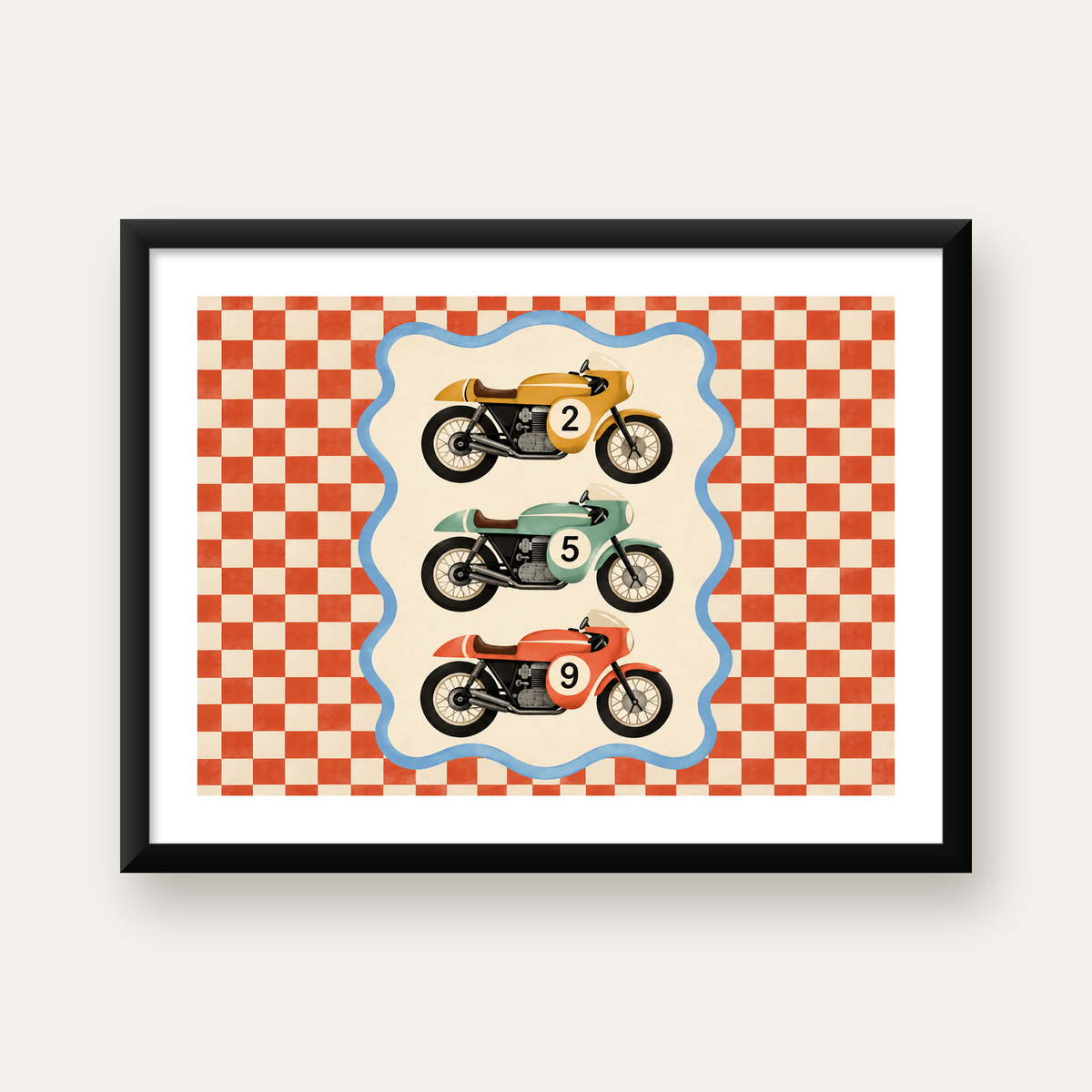 Retro Yarış Motosikletleri Dijital Poster – Nostaljik İllüstrasyon — Yatay baskı, beyaz kenar boşluklu