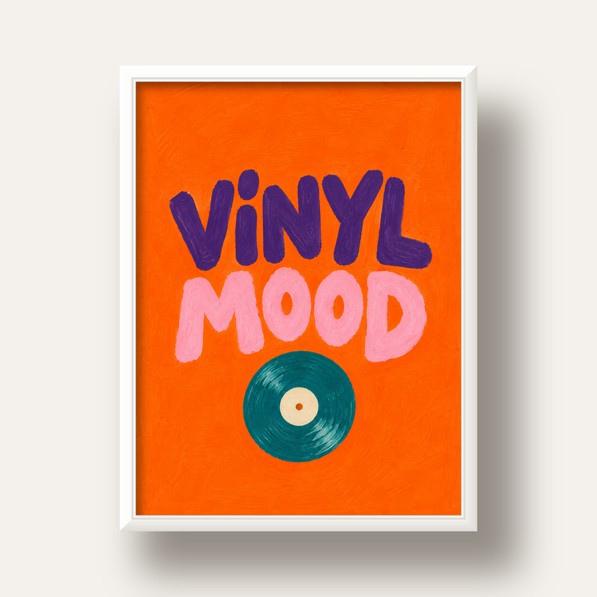 Vinyl Mood Retro Poster – Turuncu Zemin, Plak İllüstrasyon — beyaz derin çerçeveli