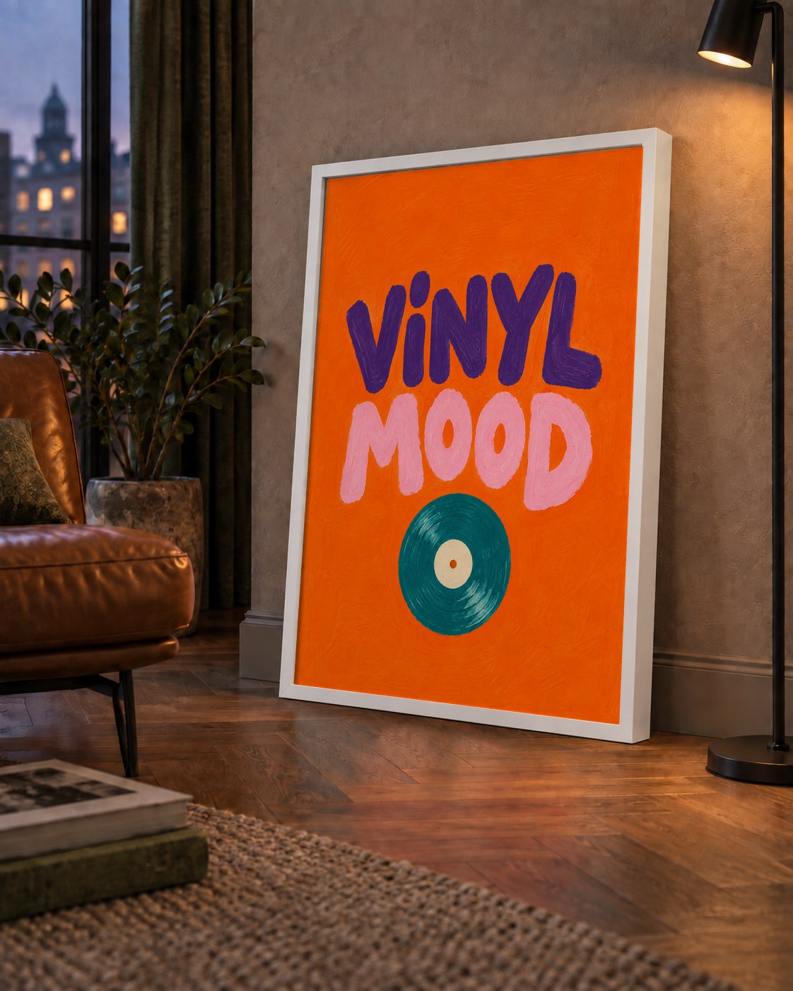 Vinyl Mood Retro Poster – Turuncu Zemin, Plak İllüstrasyon — çerçeveli hâliyle bir ev duvarında