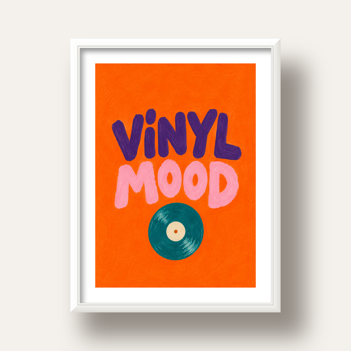 Vinyl Mood Retro Poster – Turuncu Zemin, Plak İllüstrasyon — beyaz derin çerçeveli paspartulu