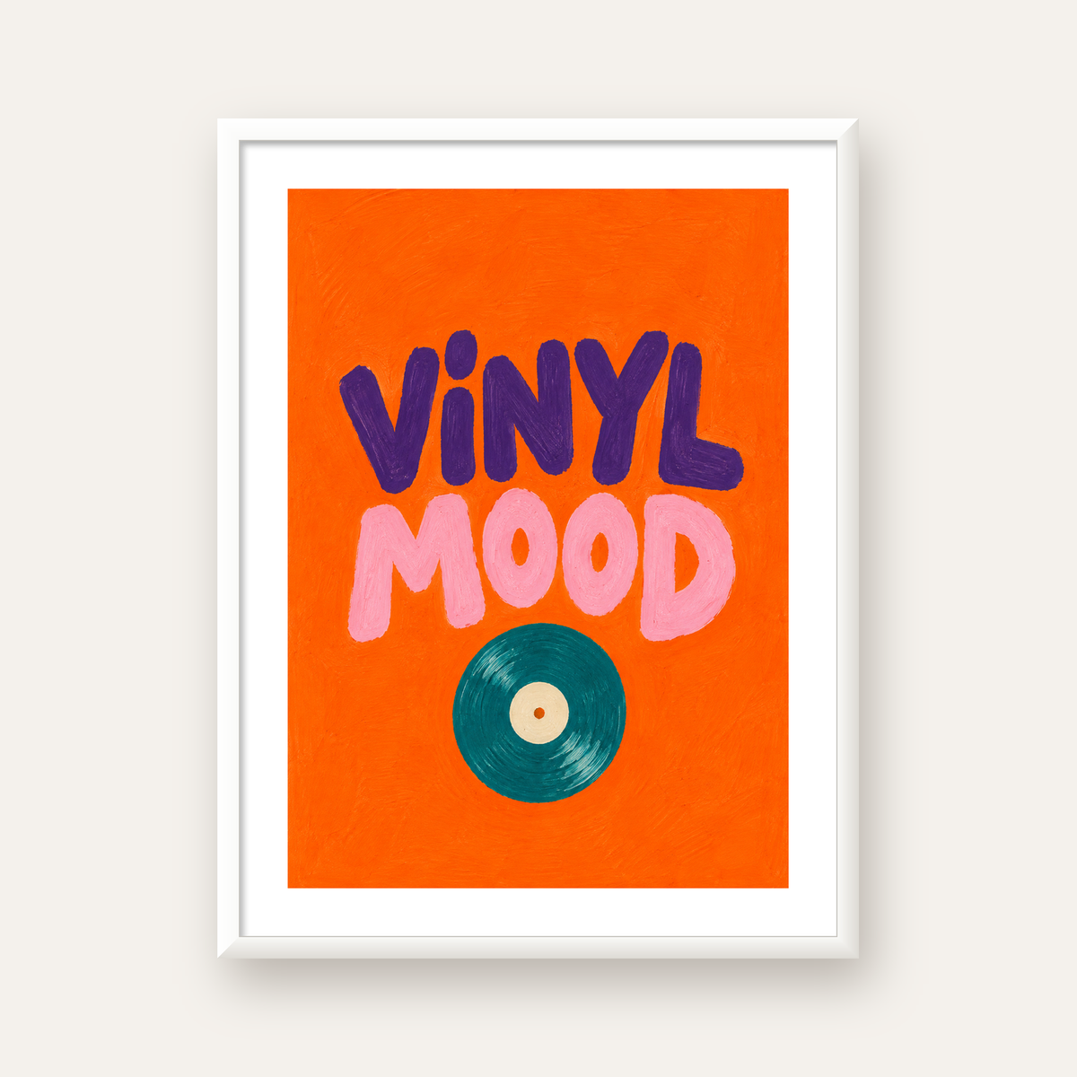Vinyl Mood Retro Poster – Turuncu Zemin, Plak İllüstrasyon — beyaz çerçeveli dikey poster