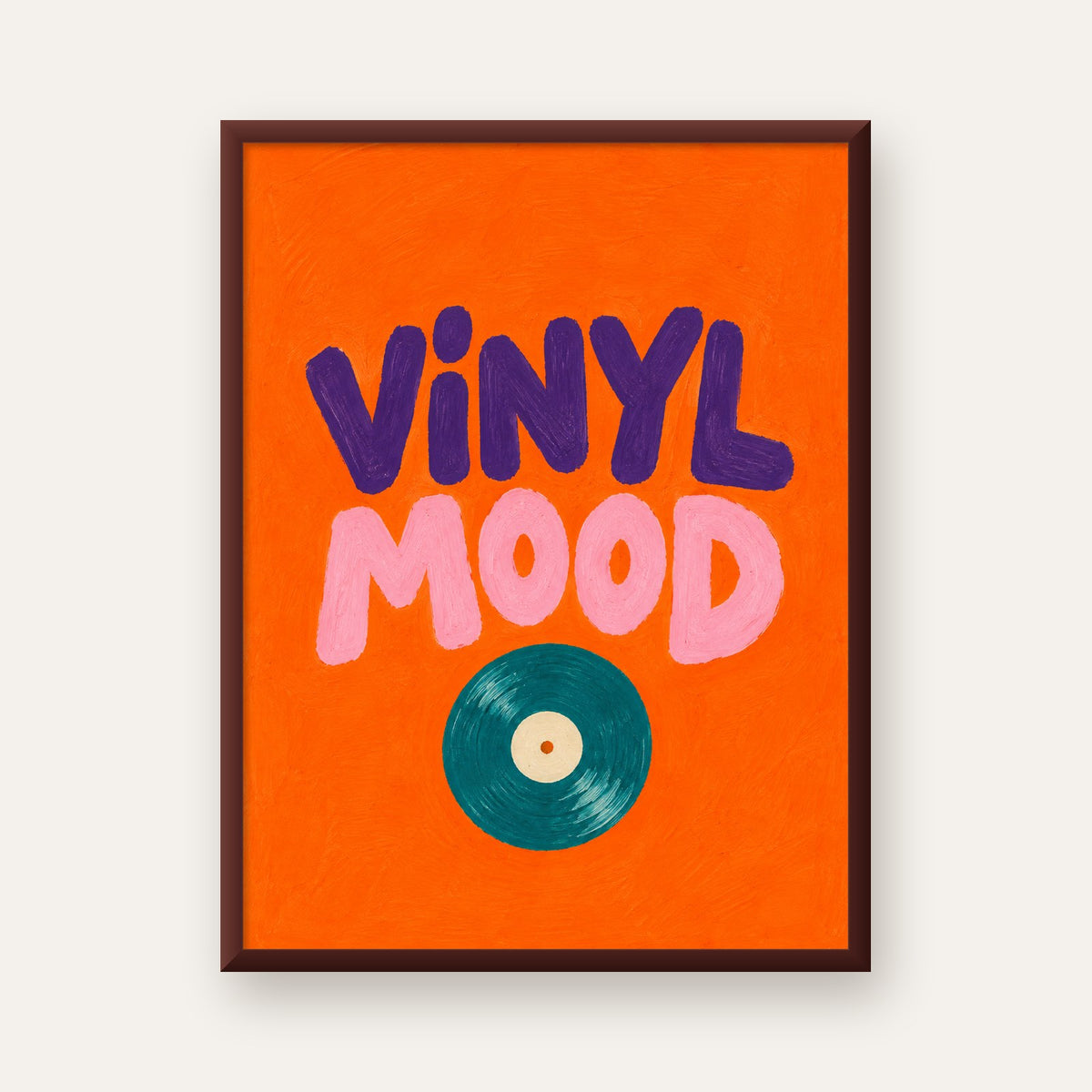 Vinyl Mood Retro Poster – Turuncu Zemin, Plak İllüstrasyon — ceviz çerçeveli
