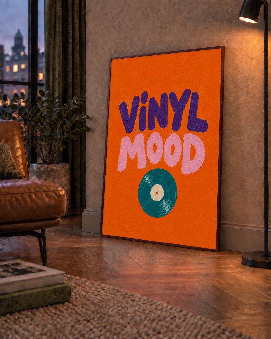Vinyl Mood Retro Poster – Turuncu Zemin, Plak İllüstrasyon — çerçeveli hâliyle bir ev duvarında