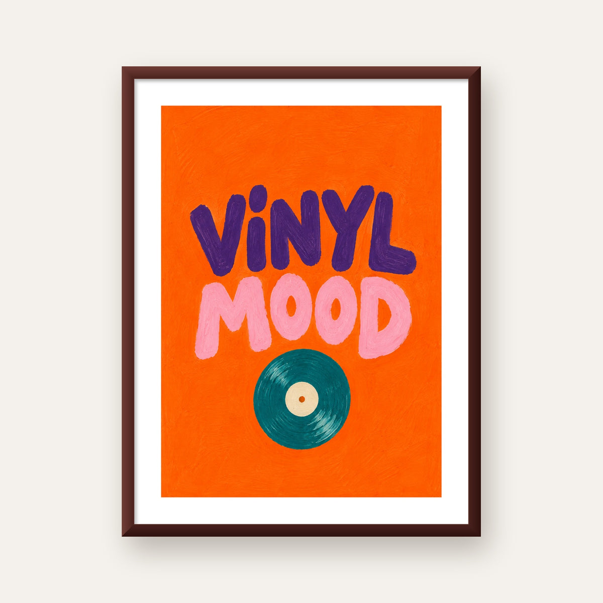 Vinyl Mood Retro Poster – Turuncu Zemin, Plak İllüstrasyon — ceviz çerçeveli paspartulu