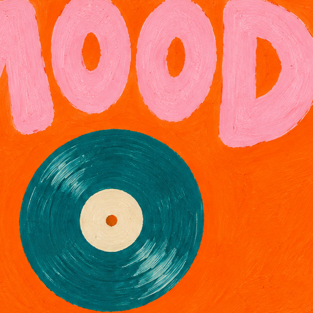 Vinyl Mood Retro Poster – Turuncu Zemin, Plak İllüstrasyon — baskının yakın çekimi, kâğıt dokusu ve renk detayı
